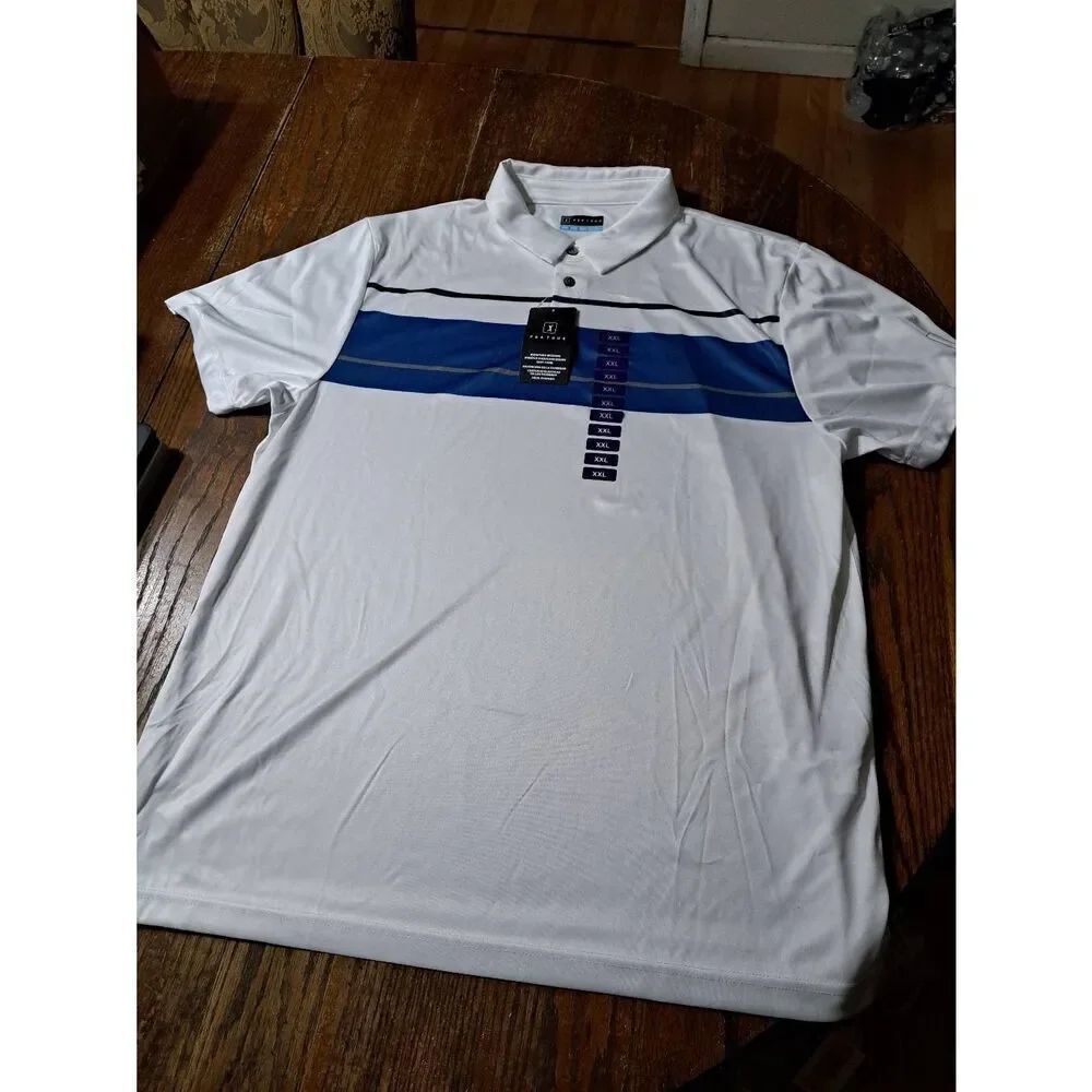 New XXL PGA Tour White Blue Grey Short Sleeve 3 Button Golf Polo Shirt NWT